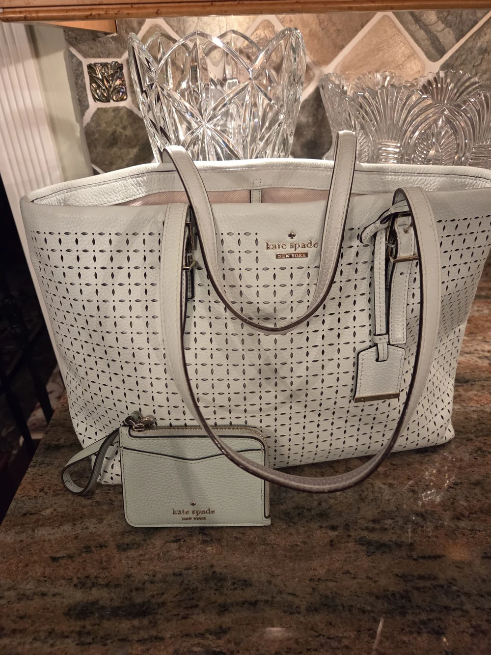 kate spade Pale Green Perforated Leather Tote with Wristlet